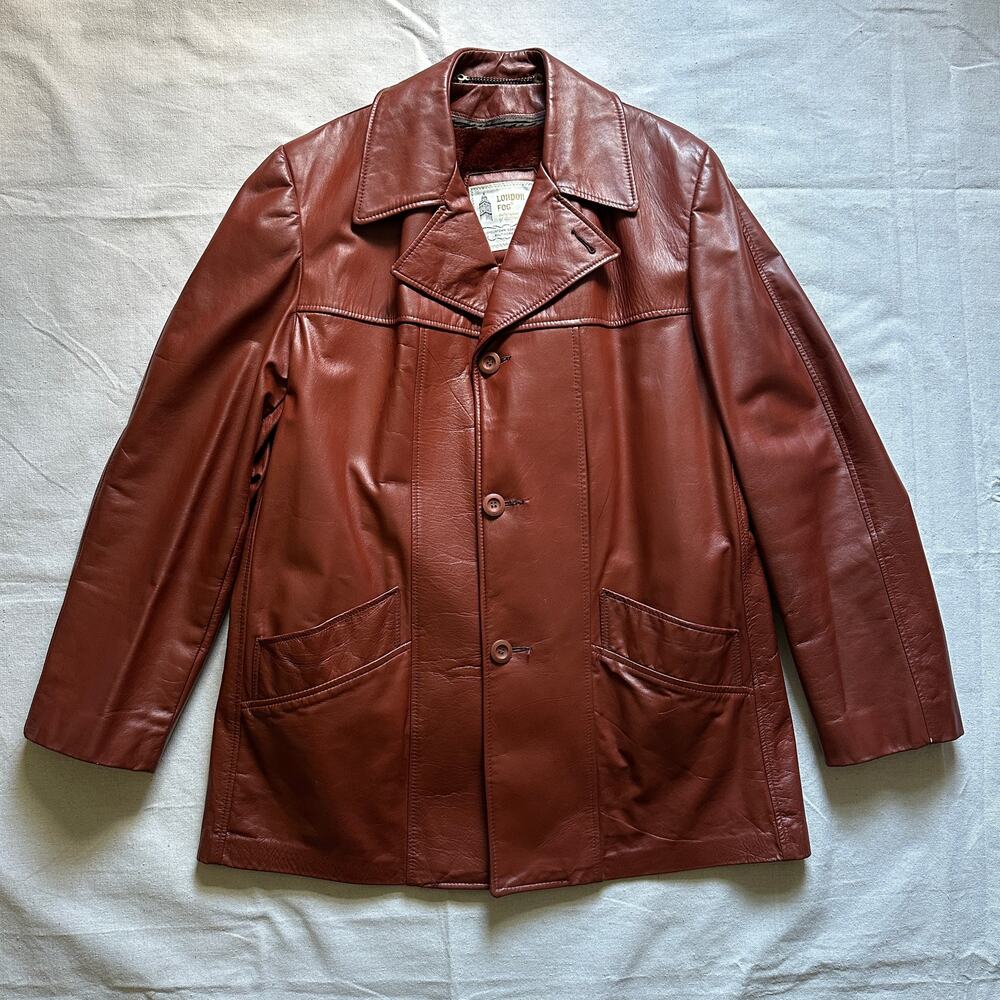 Vintage 70s London Fog Brown Leather Coat with Faux Fur Lining Size 44 Long